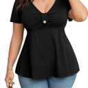 SOLY HUX Women's Plus Size Peplum Tops Casual Ruched Ruffle V Neck Short Sleeve T Shirts Cute Tees (Black, XL)