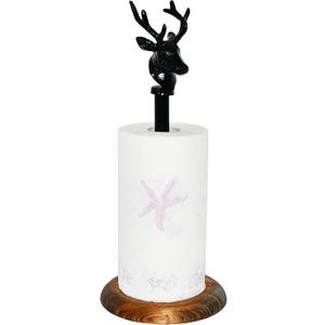 OwlGift Deer Paper Towel Holder Stand, Elk Freestanding Paper Towel Roll Dispenser for Kitchen Countertop Fits Standard and Jumbo Size Paper Towels w/Top Cast Iron Reindeer Farmhouse Design (Black)