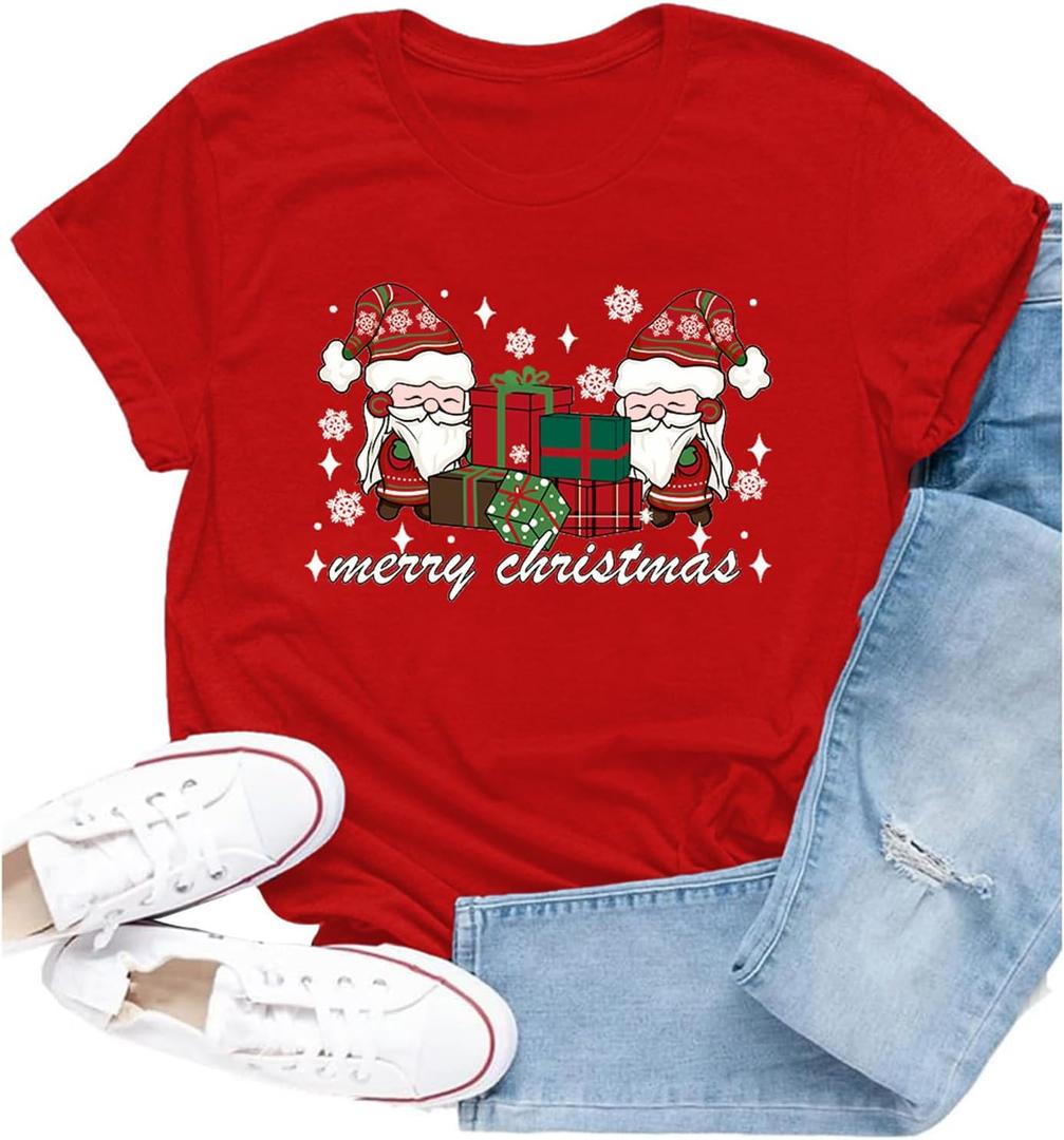 Christmas Shirt for Women Gnome T-Shirt Xmas Holiday Gnomes Tee Tops (Small, Red2)