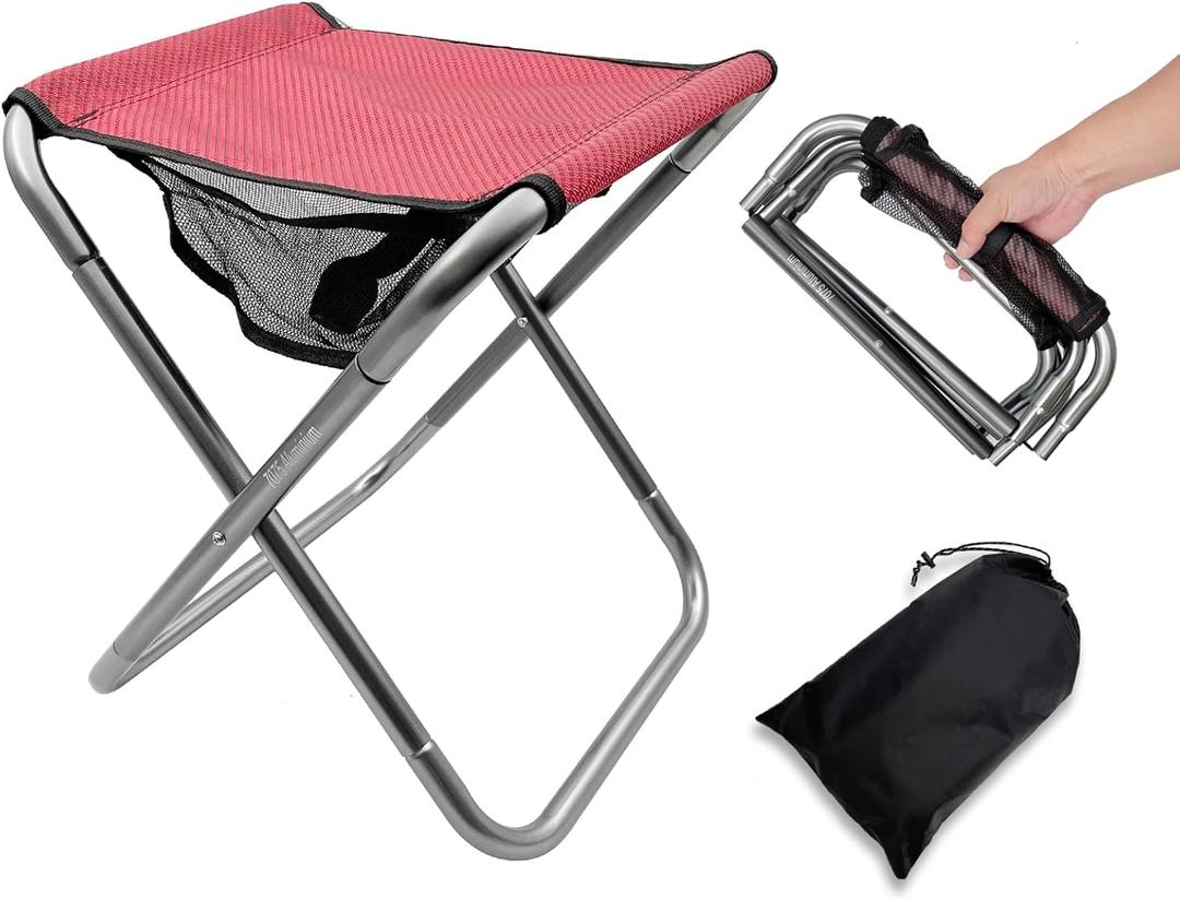 Folding Camping Stool, 16 Inch Tall Portable Folding Stool Aluminum Alloy Lightweight Stool Seat Red Foldable Stool with Carry Bag for Fishing Outdoor Camping Hiking and BBQ (Red), 14"x13"x16" , 13.4"x6.7"