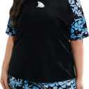 Women's Plus Size Short Sleeve Rash Guard Sets Swim Shirts with Shorts Two Piece Swimsuit UPF50+ (2X, Black/Green Floral)