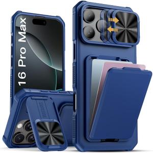 SSLOTSCASE for iPhone 16 Pro Max Case with Stand & Credit Card Holder & Sliding Camera Cover, Full-Body Drop Proof TPU Soft Silicone Edge Protective Case Cover for iPhone 16 Pro Max 6.9'' 5G, Blue