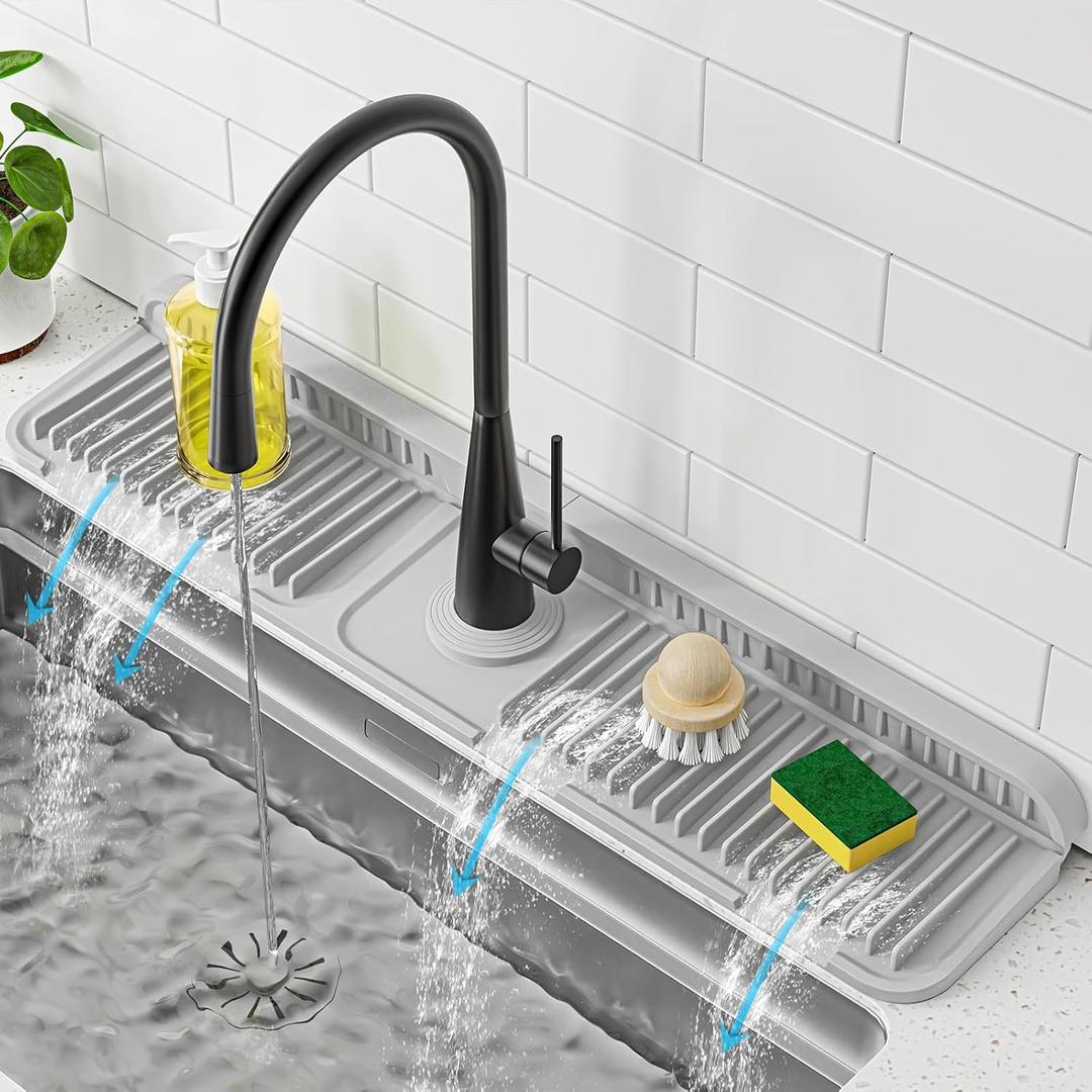 PoYang 24 inch Faucet Mat for Kitchen Sink Splash Guard, 7 Slope Silicone Sink Water Splash Guard for Kitchen Sink Area with Snap, Longer Sink Protectors for kitchen Sink Sponge Holder, Light Grey (23.8" x 5.5")