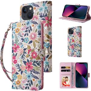 UEEBAI Wallet Case for iPhone 15, PU Leather Phone Case Kickstand RFID Blocking Flip Case Card Slots Wrist Strap Relief Engraved Pattern Magnetic Closure Flower Folio Case, Multi Flower