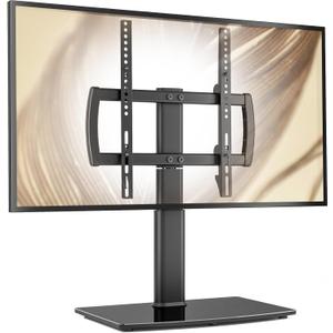 Universal Swivel/Table Top TV Stand 27 to 60 inch TVs 80 Degree Swivel, 4 Level Height Adjustable, Heavy Duty Tempered Glass Base, Holds up to 99lbs Screens, HT04B-001