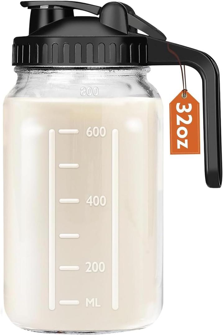 Breast Milk Pitcher, 32 OZ Mason Jar Pitcher with Lid Double Leak Proof,1 Quart Breastmilk Storage Containers for Fridge, Glass Jug for Sun Tea, Juice, Cold Brew Coffee (Black)