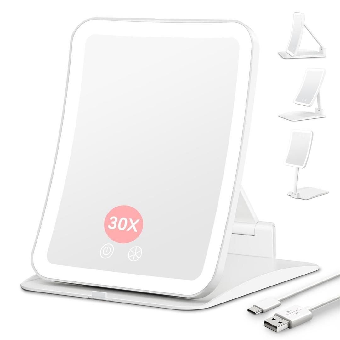 Auxmir Travel Makeup Mirror with 30X Magnification & 3 Dimmable Color Light, Foldable Rechargeable 2000mAh Lighted Travel Mirror, Portable Compact Mirror with Light, Adjustable Height & Angle, White