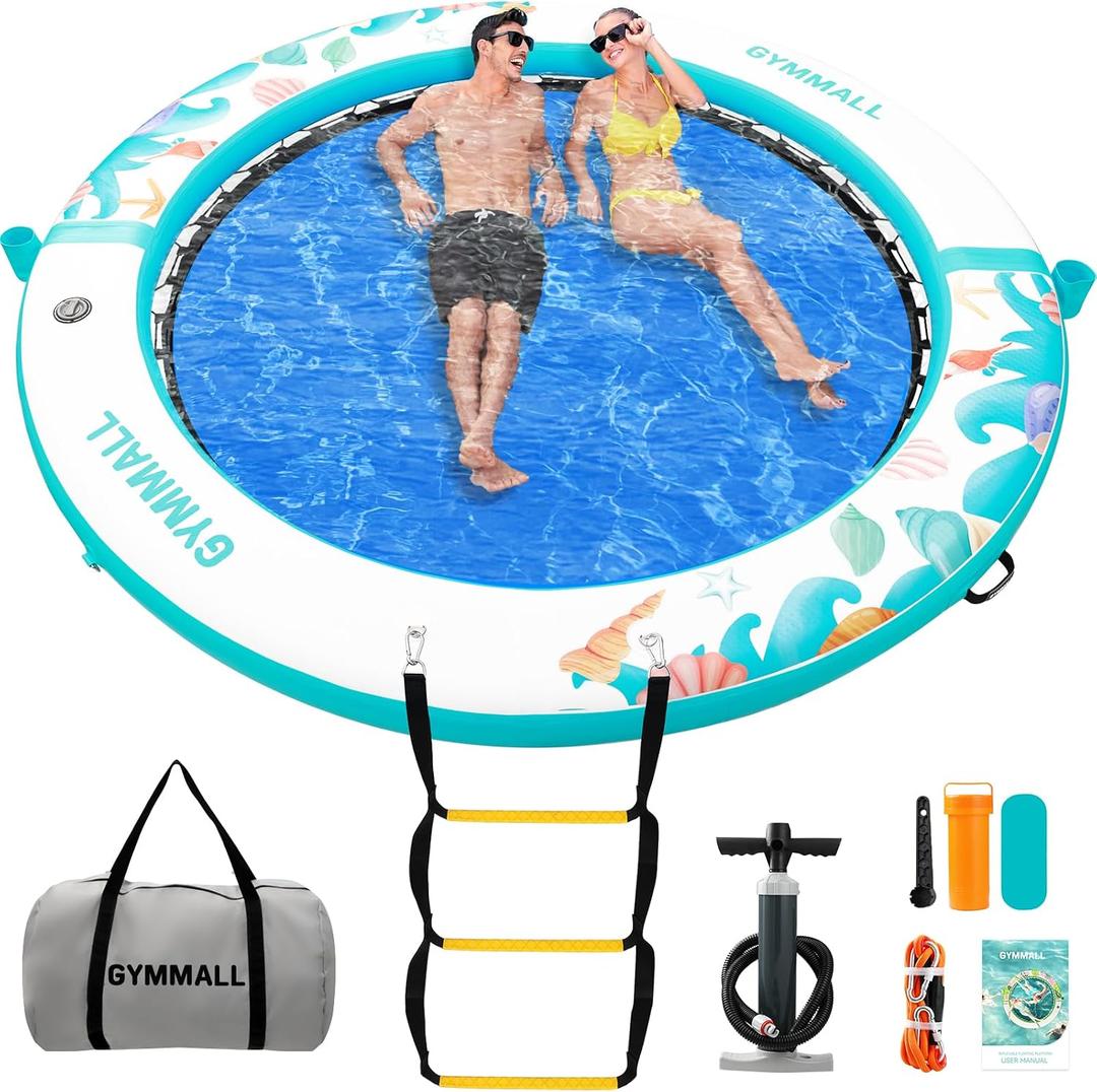 Inflatable Water Hammock Floating Dock 8 FT with Mesh, Tanning Pool Raft Round Ring for Adults, Float Platform for Lake and Beach with Water Ladder and Cup Holder