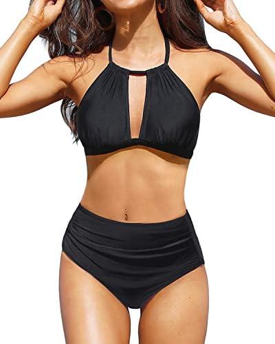 Tempt Me Women Two Piece High Waisted Bikini Swimsuit Ruched Tummy Control Bottoms Keyhole Bathing Suits Size Large