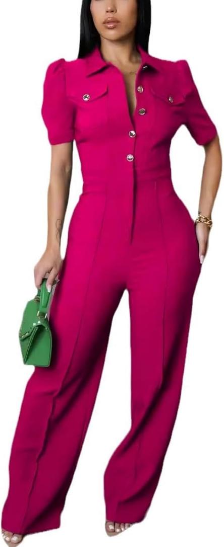 Women's fashionablesexyeleganthigh waistedwide leg pantsclub business party button jumpsuit (Pink, XXL)