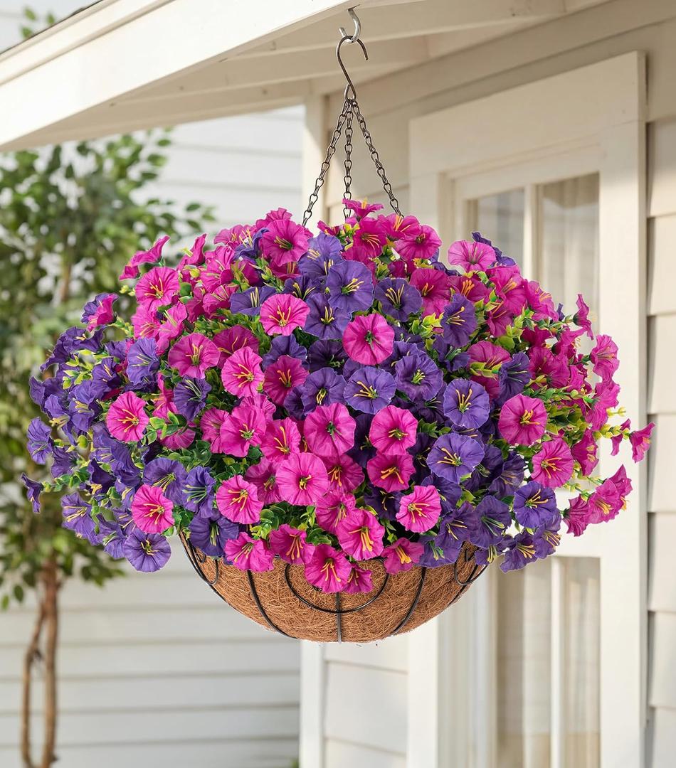 Artificial Fake Hanging Flowers Plants Baskets for Outdoors Fall Decoration, UV Resistant Faux Silk Morning Glory in Planter Realistic for Outside Porch Patio Balcony Garden Yard Home Decor