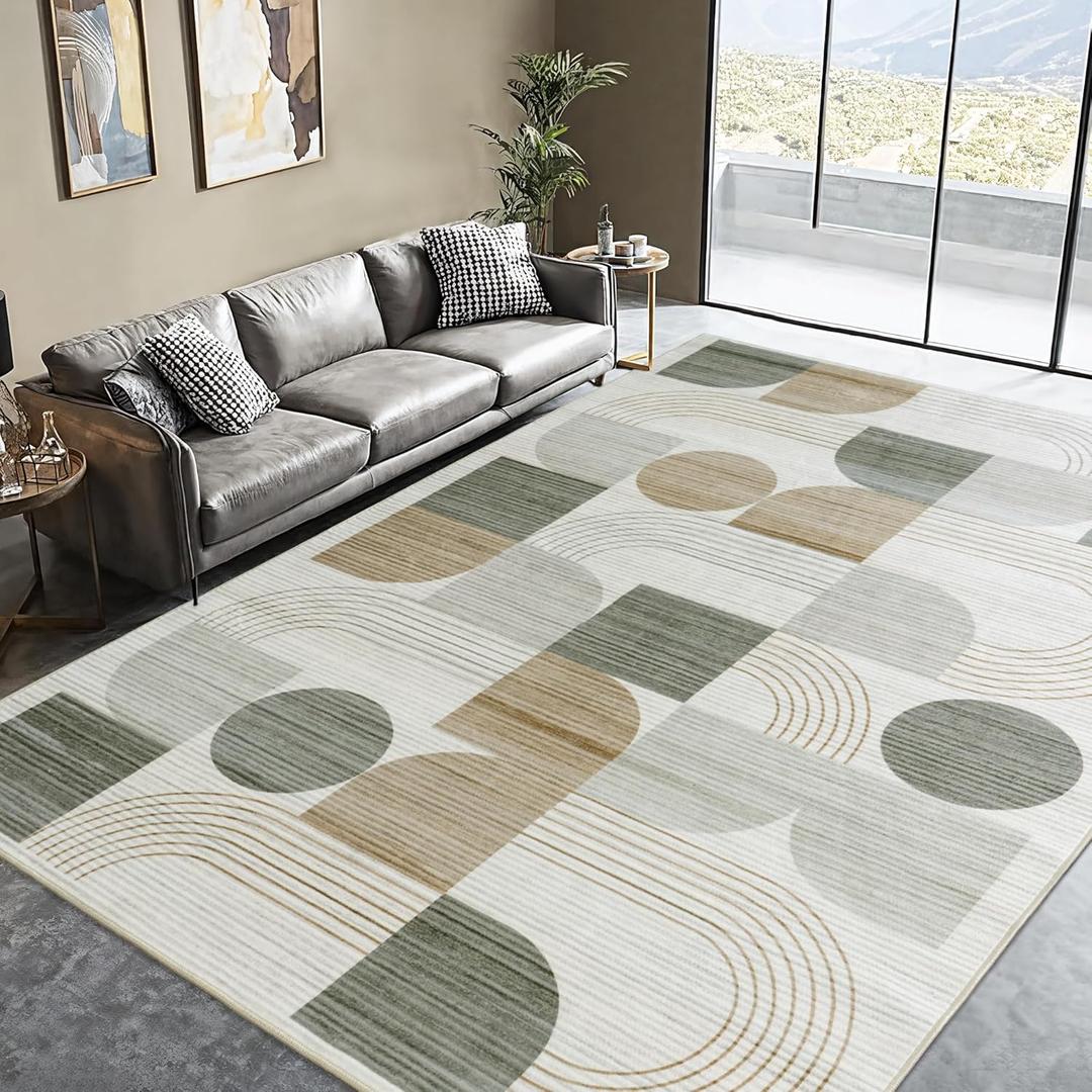 Large Machine Washable 6x9 Area Rug, Soft Modern Geometric Abstract Beige Rugs for Bedroom Living Room, Non-Shedding Faux Wool Indoor Throw Floor Carpet for Office Entryway Dining Room Decor