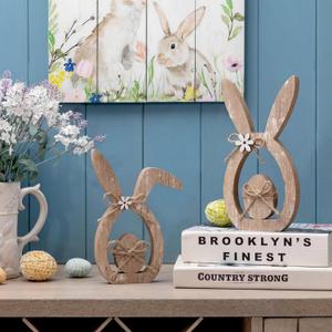 RattanView 2 Pcs Easter Wood Bunny Decorations 5.91 Inch Rustic Retro Wooden Standing Decor with Egg Hollow Tabletop Figurine for Spring Gifts Home Tiered Tray Farmhouse Party Fireplace Shelf