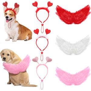 6 Pcs Valentine's Day Dog Sweet Outfits Set Angel Costume with Wings, Heart Headbands Love Themed Dog Outfits for Valentine's Party Decorations