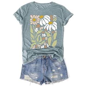 Vintage Wildflowers Graphic Shirt Women's Casual Holiday Short Sleeved T-Shirt Boho Floral Printed Tee Fall Tops (Medium, Green-00)