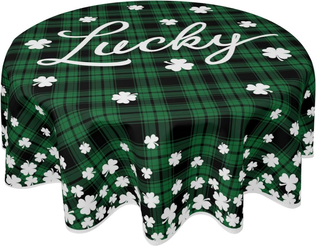 St Patricks Day Round Tablecloth 60 Inch Lucky Clover Shamrock Print Black Green Buffalo Plaid Decorative Table Cloth Holiday Farmhouse for Indoor Party Kitchen Dinner Picnic Decor