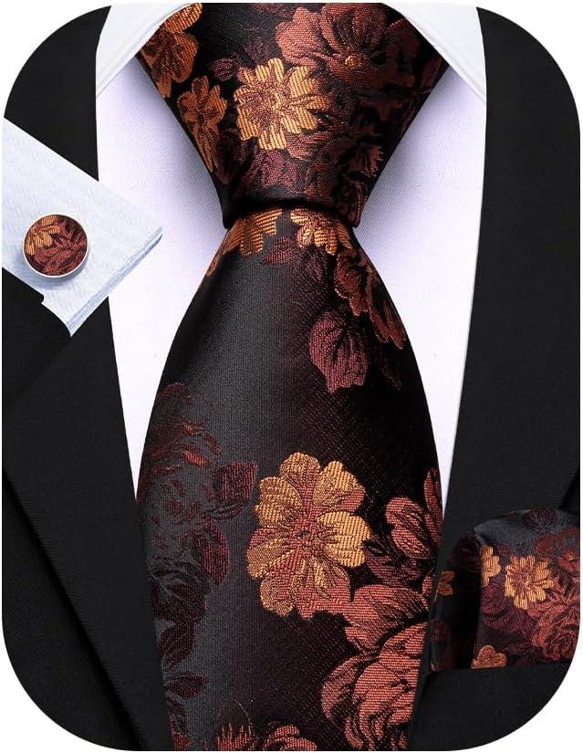 Barry.Wang Flower Ties for Men Silk Woven Floral Tie Sets Necktie Handkerchief Cufflinks Wedding Party (Burnt Orange)