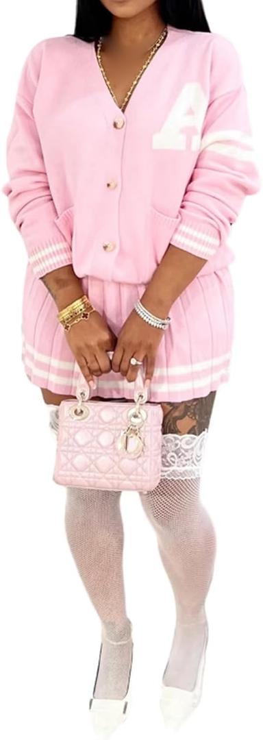 Molisry Women's 2 Piece Skirt Set Casual Long Sleeve Cute Preppy Sweatshirt Top Sexy Pleated Mini Skirt Baseball Sweater Set (Medium, Pink)