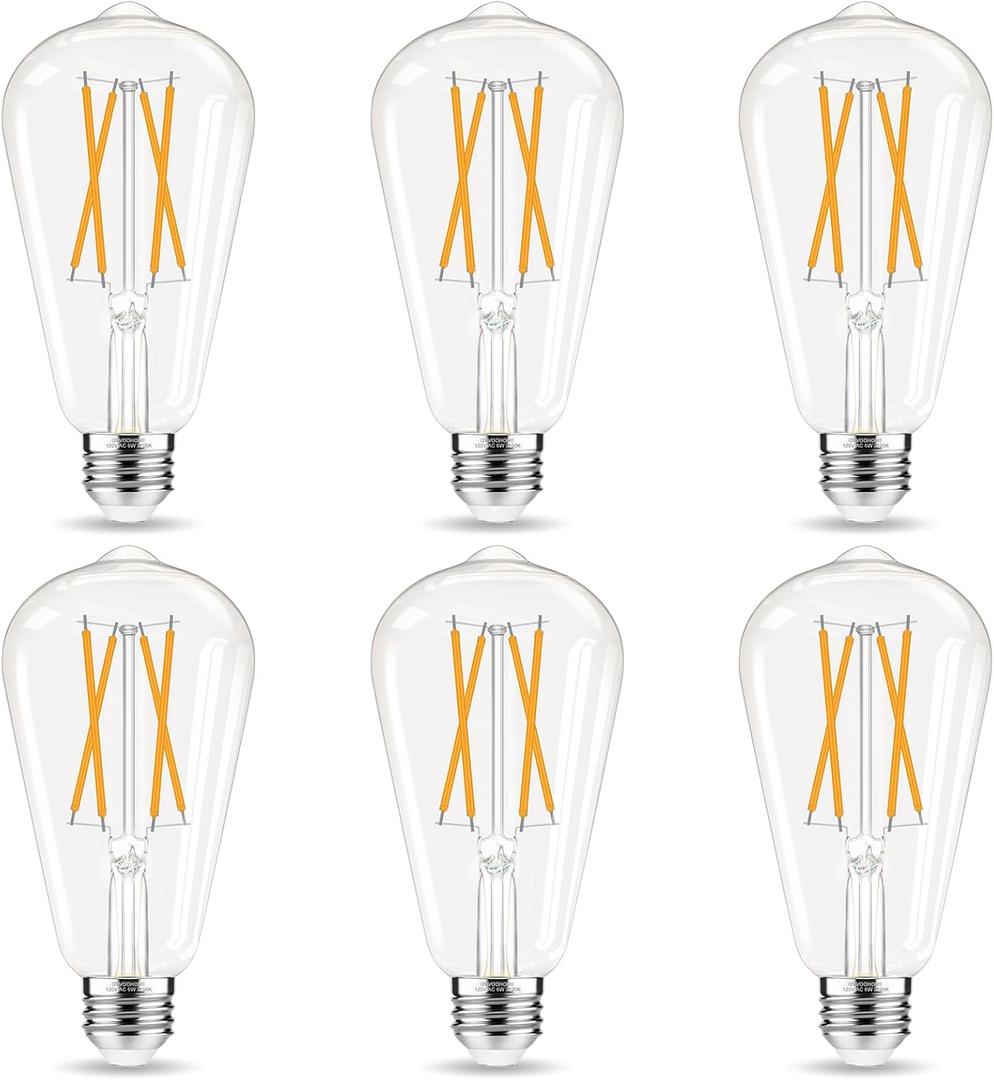 LED Edison Bulbs, E26 Bulb 60 watt Equivalent, Non-Dimmable, Soft White 2700K, ST58 Vintage Light Bulbs, 90+ CRI, 6W 600LM, E26 Medium Base, Clear Glass, 6 Pack