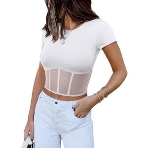 REORIA Women's Sexy Round Neck Short Sleeve Tees Summer Sheer Mesh T Shirt Trendy Y2K Going Out Crop Tops (White, L)