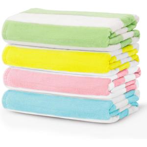 Touchat 4 Pack Cabana Stripe Beach Towels,30 by 60 Inches, Oversized Microfiber Towels Set for Pool,Super Absorbent Bath Towels for Bathroom,Kids and Adult,4 Colors (Pink+blue+green+yellow)