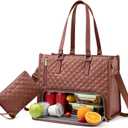 LOVEVOOK Lunch Tote Bag for Women, 15.6 Inch Laptop Bag with Insulated Lunch Compartment, Quilted Large Capacity Computer Handbag with Purse for Business, Work, Nurse, Collage, Office, Casual, Brown