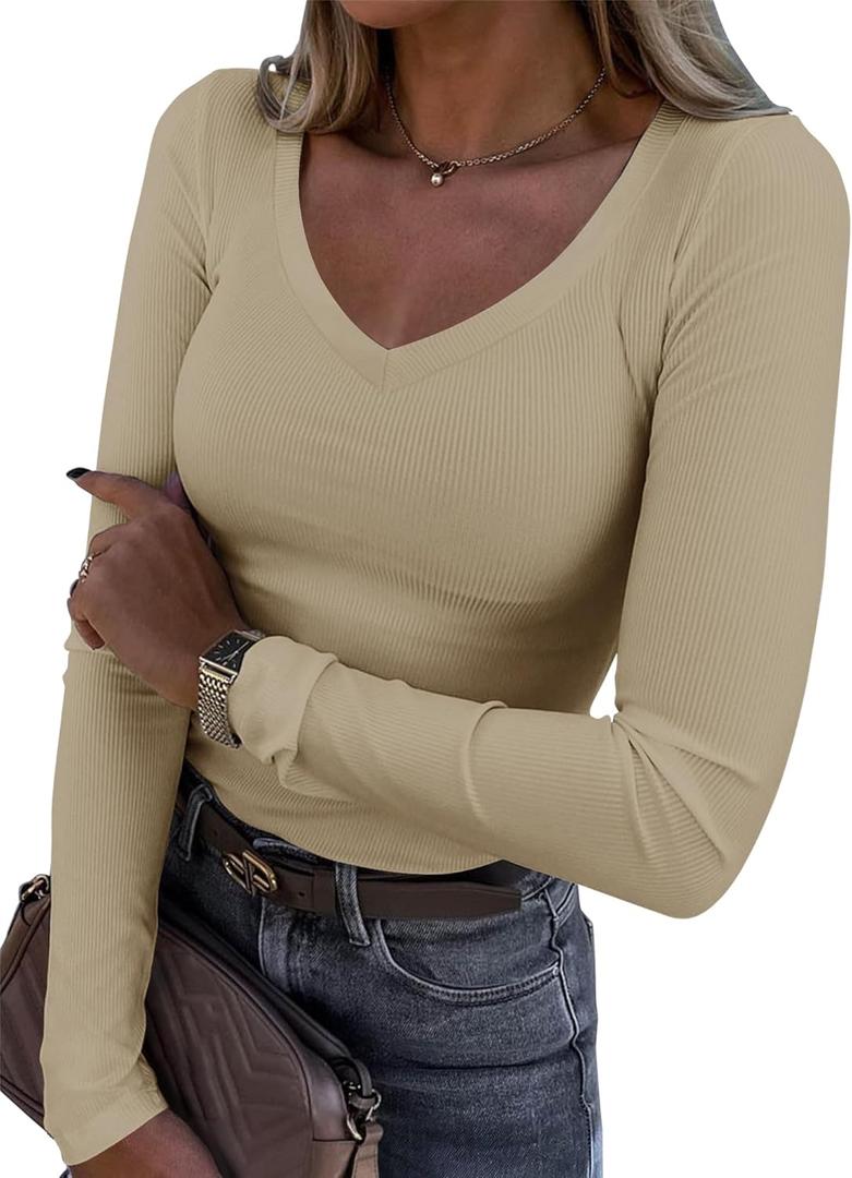 Roselux Womens Long Sleeve V Neck Ribbed Knit Fitted Casual Tops Tee Slim Basic Shirt (Small, Beige)