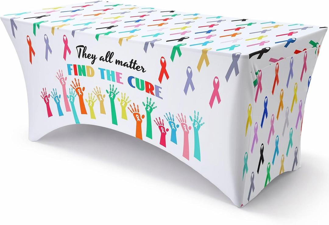 Moukeren Cancer Awareness Stretch Tablecloth 72 x 30 Inch Colourful Ribbon Rectangular Wrinkle Spandex Table Cover Cancer Prevention Awareness Support Table Covers for Public Activity Party Supplies