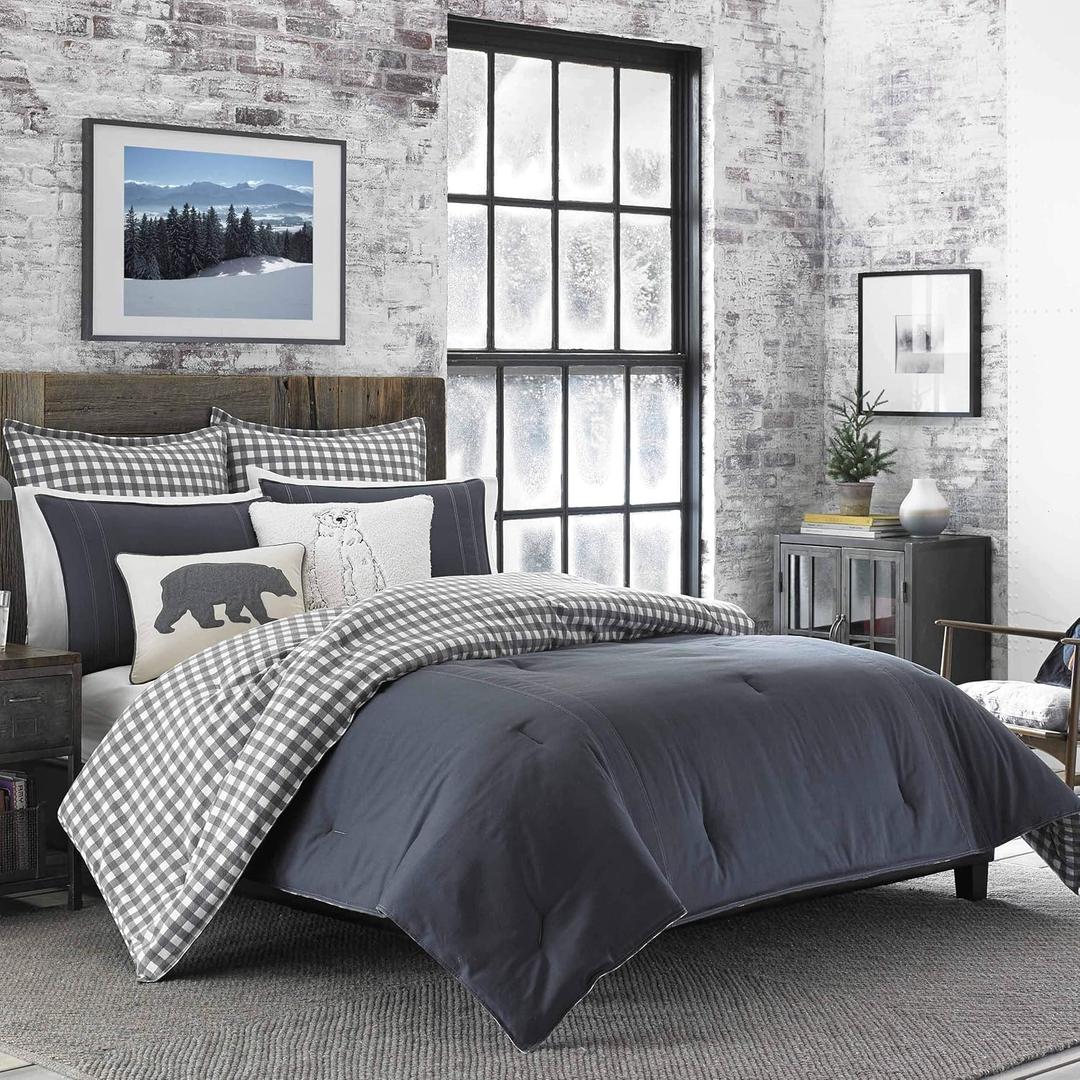Eddie Bauer - Twin Comforter Set, Reversible Cotton Bedding with Matching Sham, Pre-Washed for Added Softness (Kingston Charcoal, Twin)