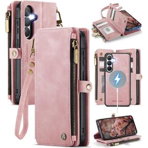 Defencase for Galaxy S26 Magnetic Wallet Case Compatible with Magsafe with RFID Blocking Zipper & Card Holder for Women Men, PU Leather Detachable Phone Case for Samsung Galaxy S26 6.3 inch, Rose Pink