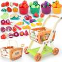 Kids Shopping Cart with Cutting Play Food Set for Kid Kitchen, 2 in 1 Shopping Cart for Kids Grocery Store Pretend Play Kitchen Accessories Sorting Food Bucket Learning Toys Gift for Toddler 3-5 (Brown)