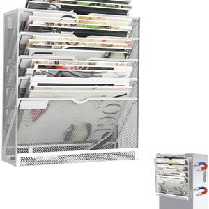 6 Tier Magnetic File Holder, Large Capacity Mesh Hanging Wall Organizer Vertical Magnetic Hanging File Organizer, Magnetic File Folder Holder for File Cabinets, Office, Whiteboard (White)