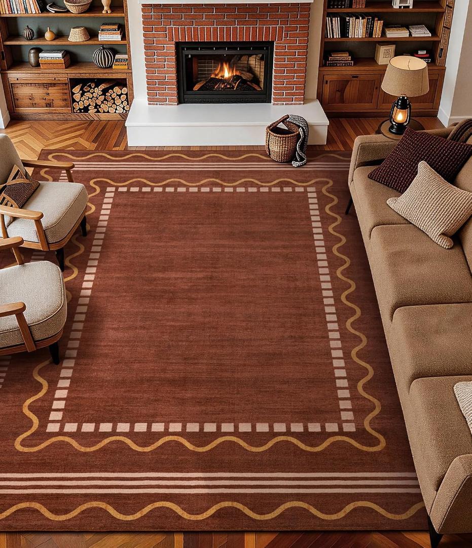 YIHOUSE Burnt Orange Scalloped Rugs for Living Room 8x10, Non-Slip Washable Farmhouse Border Bedroom Rug, Low-Pile Indoor Carpets, Stain-Resistant Vintage Rusty Rugs for Dining Room, Office