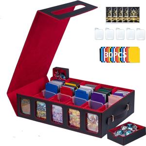 3900+Trading Card Storage Box MTG Commander Deck Box TCG Deck Case with Display Windows Dice Tray, Card Organizer 30 Colorful Dividers& 5 Supporters& 5 Top loaders (Red)