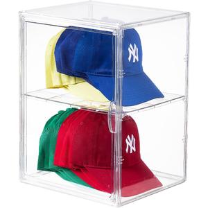 Hat Organizer Box,Hat Display Case,Stackable Clear Baseball Caps Storage Box Containers with Double-Sided Magnetic Door,Holds 15 Hats (XXL-1Pack-with Divider)