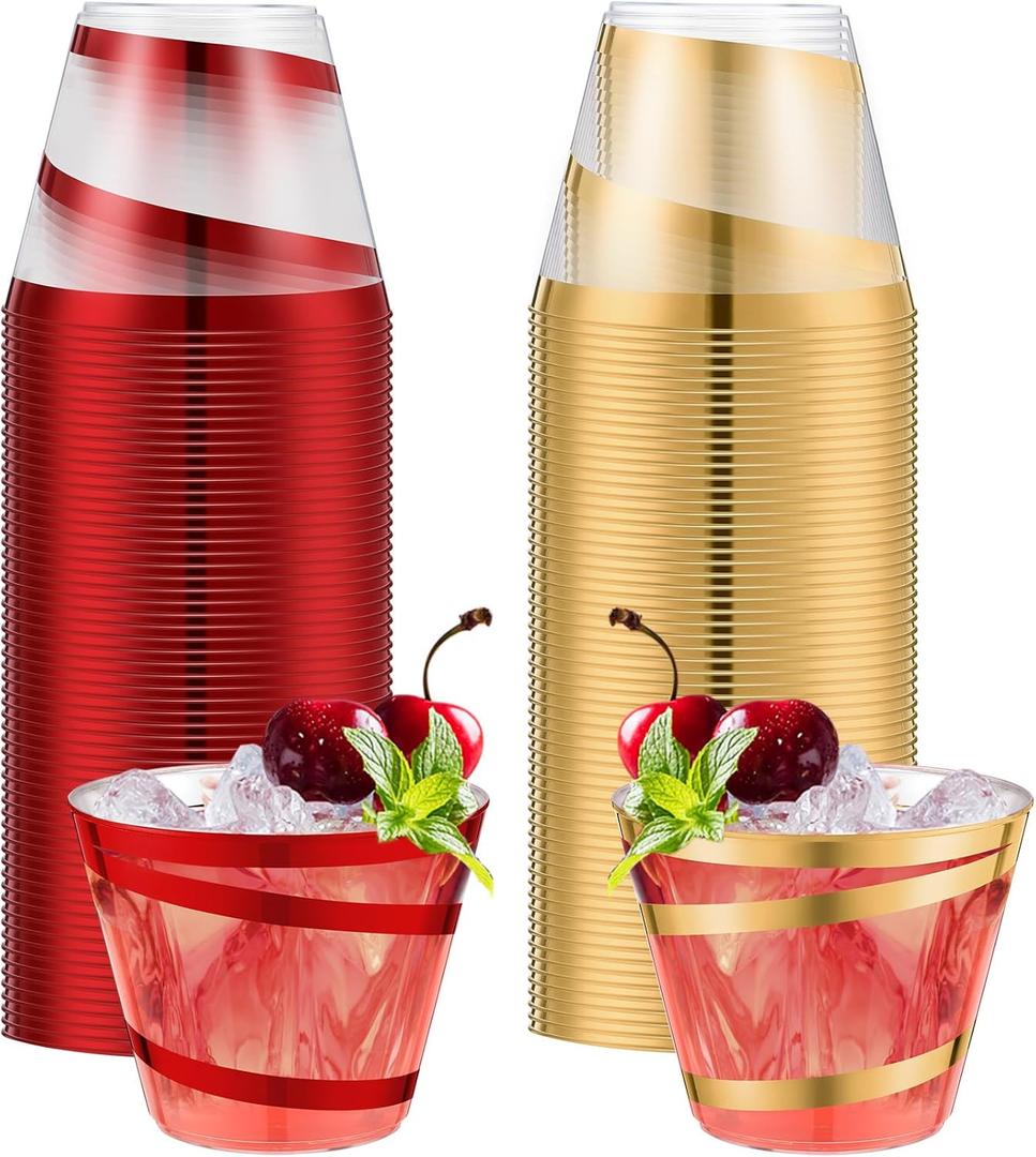 Gejoy 9 oz Rimmed Swirl Plastic Cups Disposable Wine Drinking Cups Clear Elegant Halloween Tumblers for Christmas Party Supplies(Red, Gold,100 Pcs)
