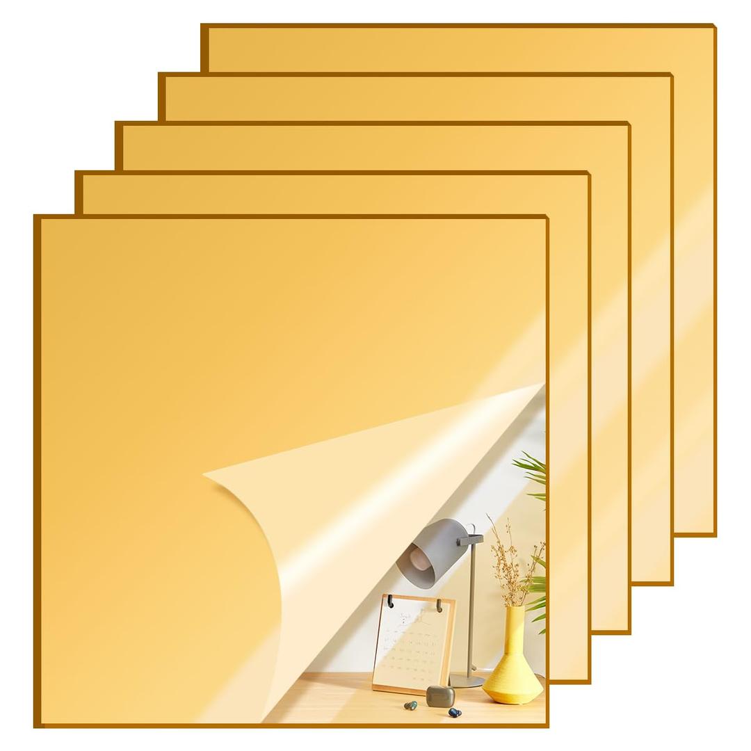 5 Pcs 12 x12 Inch Gold Acrylic Mirror Sheet, 1/8 Inch Thick Opaque Glossy Mirror, Plexiglass Mirror Sheets with Protective Film, Rigid Mirror Acrylic Sheet for Sawing, DIY, Laser Cutting and Engraving