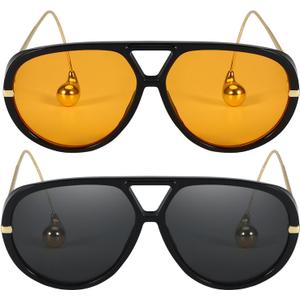 SODQW 2 Pack Oversized Aviator Sunglasses for Women Men With Earring Trendy Large Big Double Bridge 2025 Shades, Black/Orange+black/Grey