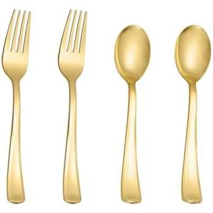 100PCS Gold Plastic Silverware, Heavy Duty Disposable Cutlery Set for Parties, Disposable Plastic Spoons and Forks Includes 50 Gold Spoons and 50 Forks for Weddings, Birthday, Dinners