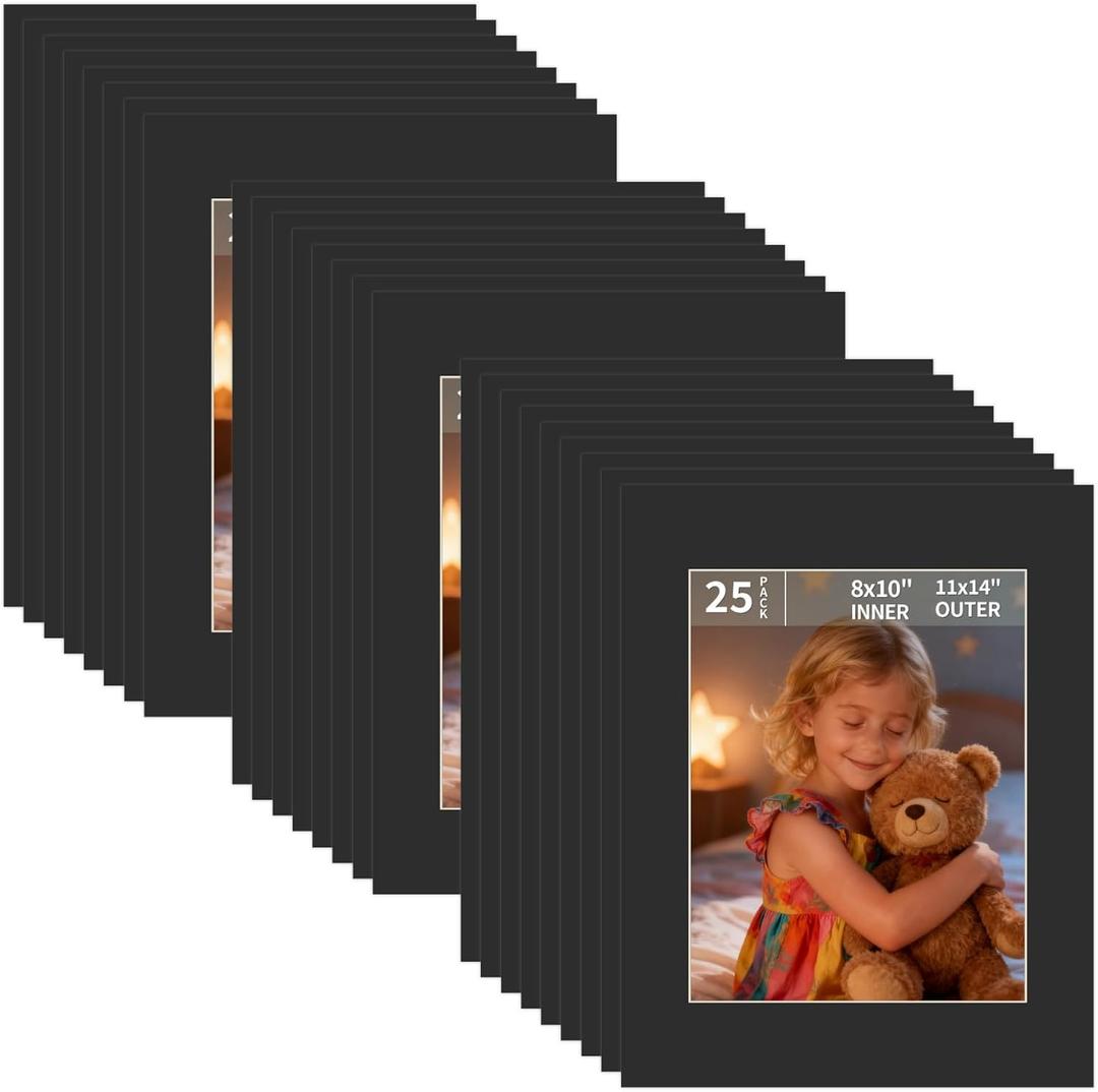 ZBEIVAN 11x14 Black Picture Mats with White Core Bevel Cut Frame Mattes for 8x10 Pictures - Pack of 25
