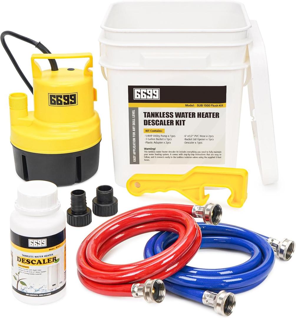 Tankless Water Heater Flushing Kit Includes 1500GPH Submersible Sump Pump with Two Adapters & Cleaner & 3 Gallons Pail with Bucket Lid Opener & Two 1/2” Dia X 6' Hoses SUB 1500 Flush Kit