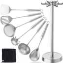 BEN'SHOME 6-Piece Stainless Steel Kitchen Utensil Set with Rotating Holder Stand - Metal Cooking Utensils Set Includes Spatula, Ladle, Serving Spoons, Spaghetti Server - Dishwasher Safe (Brushed)