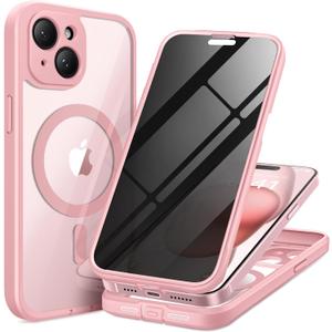 TIESZEN for iPhone 15 Plus Case, Compatible with MagSafe, Built-in Privacy Screen Protector and Camera Protection, Anti Spy Full Body Dustproof Shockproof Hard Phone Case 6.7", Pink