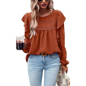 PRETTYGARDEN Women's Long Sleeve Blouses Ruffle Swiss Dot Crochet Loose Fit Tunic Dressy Casual Tops Shirts Fall Fashion 2025 (Large, Brick Red)