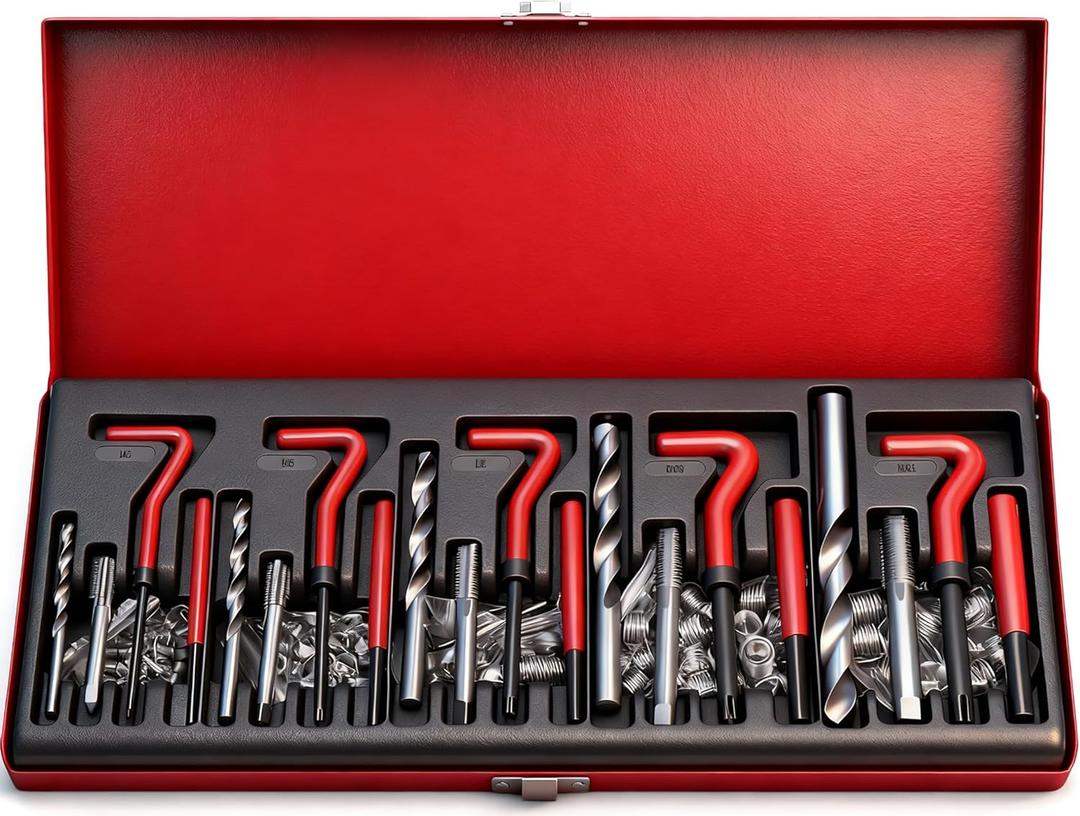 Metric Helicoil Thread Repair Kit: 131-Piece Heli Coil HSS Drills Inserts Taps & Tools M5 M6 M8 M10 M12 Automotive Engine Spark Plug Cylinder Insertion Rethreading Tools Universal Rethread Restorer