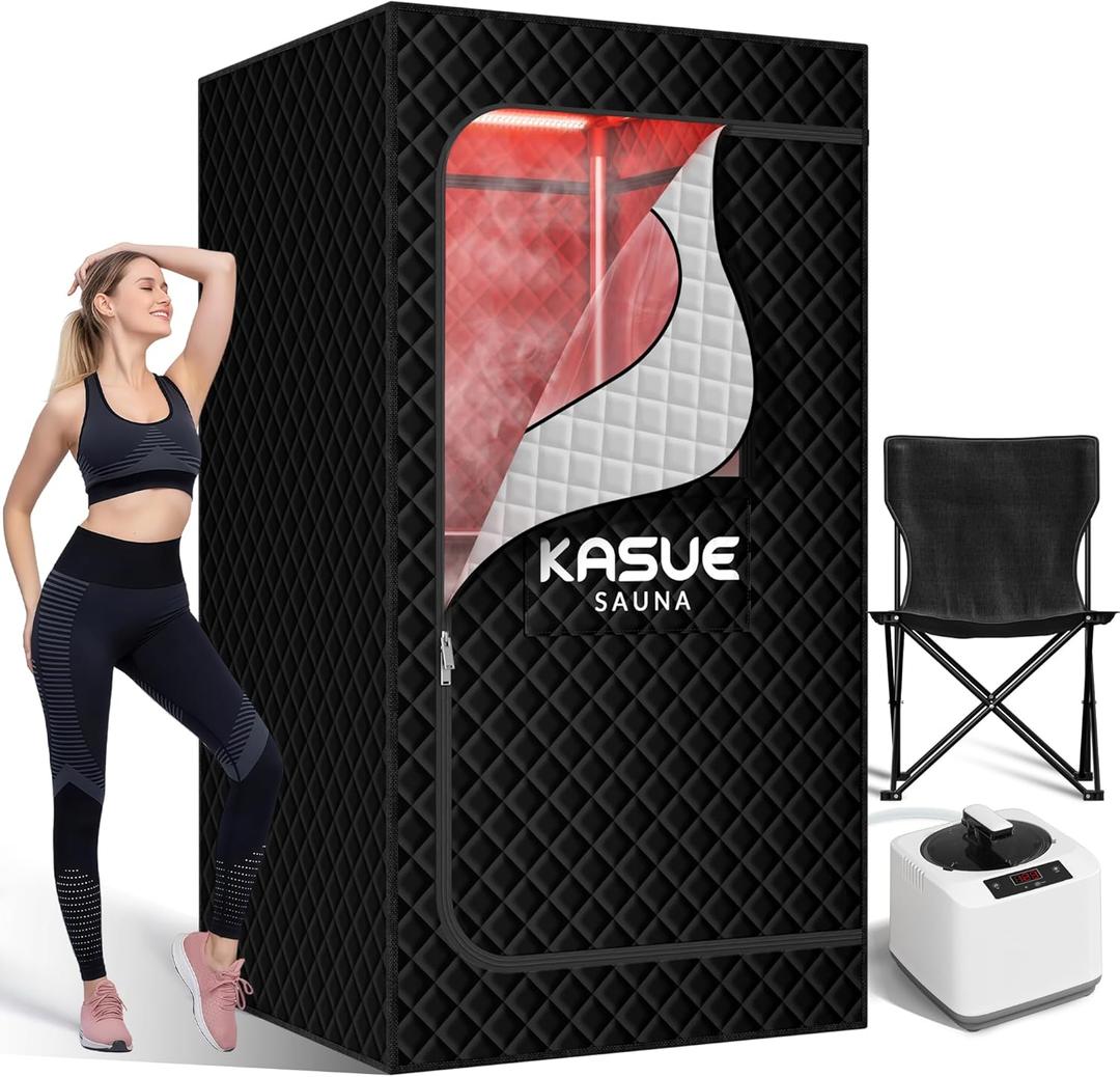 KASUE Portable Infrared Sauna, Steam Sauna Box with XL Steamer, 5-Layer Waterproof & Heat Insulation for Relaxation, Detoxification, Muscle Pain Relief Indoor & Outdoor(Obsidian Black)