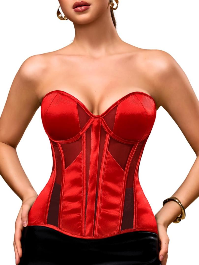 ChiaoLezhee Women's Classic & Elegant Satin Corsets, Adjustable Lace-Up Fit Sizes 2-20, Underwire Padded Boned Corset Top, Silk Mesh Strapless Overbust Bustier, Red, Medium