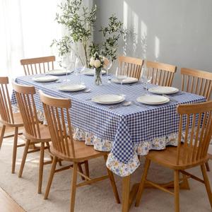 Boao 60 x 120 Inch Blue White Plaid Ruffled Table Cloth Rectangle Cotton Gingham Floral Trim Tablecloth Vintage Farmhouse Checkered Table Cover for Home Weddings Picnic Holiday Party Decor