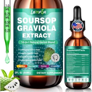 Soursop Bitters Liquid 10-in-1 with Ashwagandha, Black Seed Oil & Turmeric, Gotu Kola for Immune Support, Gut Health, Cell Regeneration & Antioxidant, Vegan, Non-GMO, Sugar-Free, 2 Fl Oz, Exp 11-11-2027