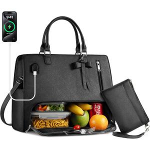 Lunch Tote Bag for Women 2 in 1 Laptop Work Bag with Lunch Insulated Compartment and Purse Combo Waterproof PU Leather 15.6 Inch Computer Crossbody and Shoulder Bag for Daily, Office, Picnic Black